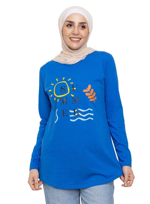 Royal Blue Printed Long - Sleeve Design 35 - Khotwh